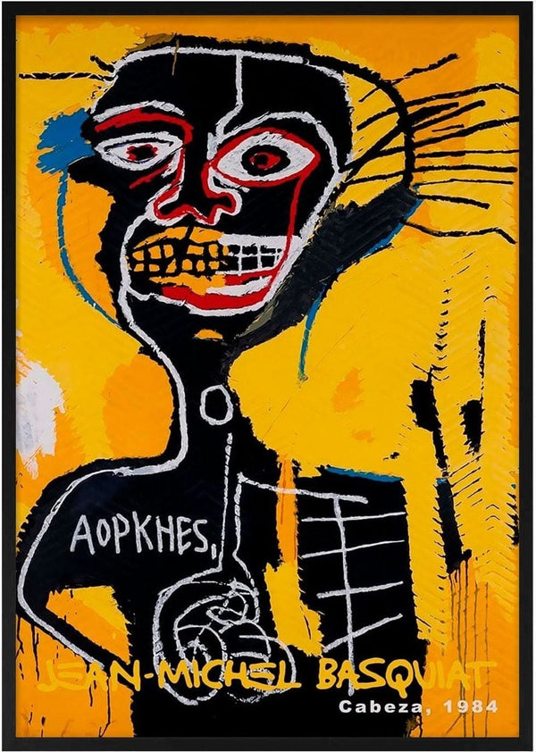 Cabeza painting by Jean-Michel Basquiat, 1984, featuring a bold abstract face on a yellow background.