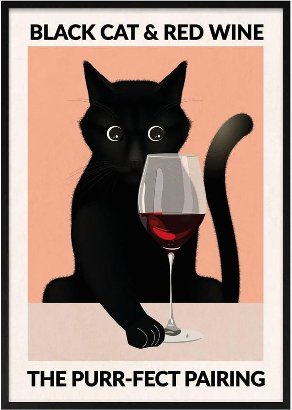 Illustration of a black cat with a glass of red wine, captioned "Black Cat & Red Wine: The Purr-fect Pairing."