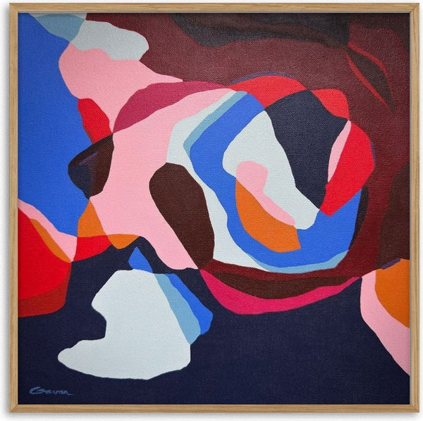 Cave by Elva Garma - abstract interlocking shapes in cobalt blue, blush pink, maroon and red on a navy ground