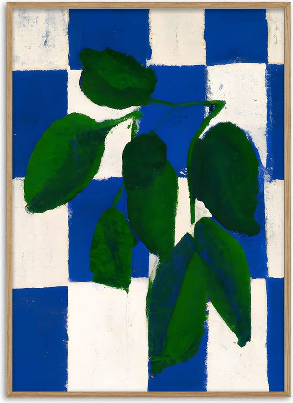 Checkered greenery by Interiorisla - green leaves across a cobalt and white checkerboard