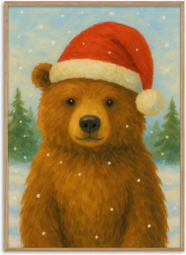 A brown bear wearing a red Santa hat stands in a snowy landscape with pine trees and falling snow.