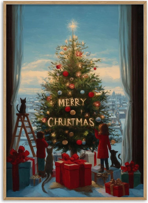 Family decorates a Christmas tree by a snowy window, surrounded by gifts and pets, with "Merry Christmas" lights.