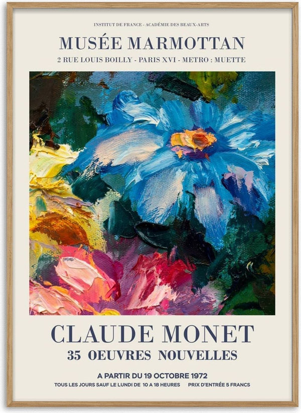 Poster featuring Claude Monet flower painting with blue, pink, and white blooms for wall art decor.