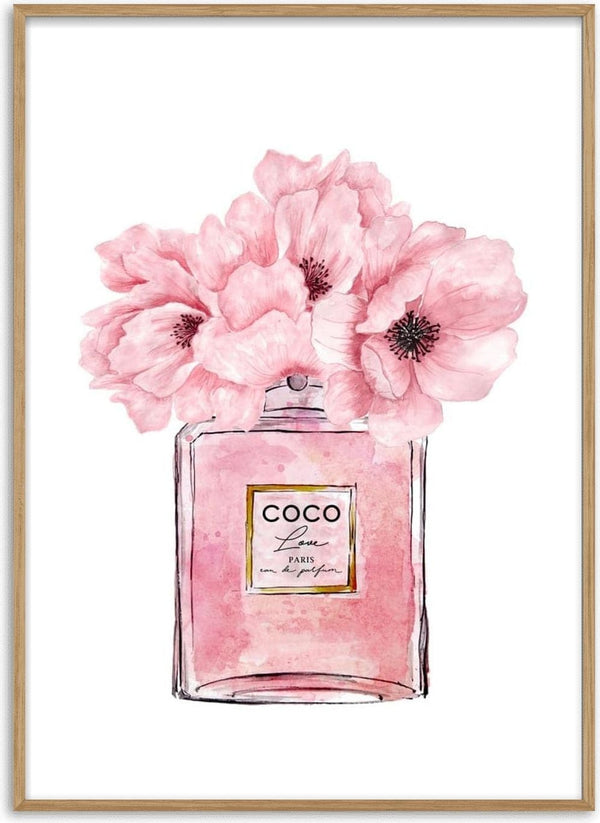 Pink Chanel perfume bottle poster with large pink flowers blooming from the top, watercolor style.