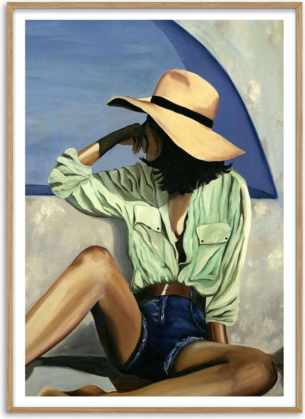 Painting of a woman in a sunhat and green shirt, sitting thoughtfully under blue sky. Colorful Dreamer by Martina Karlsson.
