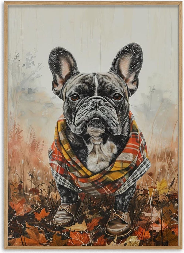French Bulldog wearing a stylish plaid poncho and boots, standing outdoors among autumn leaves.