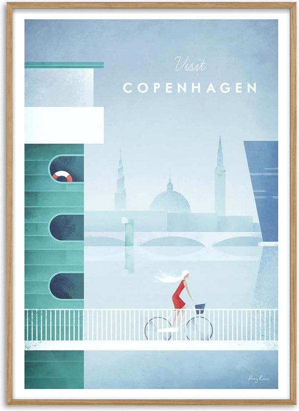 Illustrated Copenhagen cityscape with cyclist on bridge, domed building, and water; "Visit Copenhagen" text above.