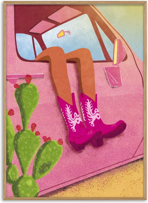 Illustration of a woman’s legs in pink cowboy boots hanging out a car window, cactus beside the car.