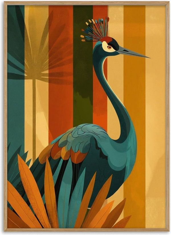 Crane of the Retro Forest by ArtySjak - a crowned crane in teal against rust and gold stripes