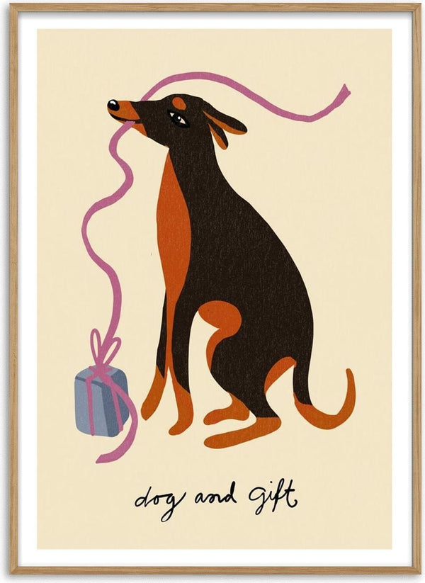 Illustration of a cute brown and black dog holding a gift by its ribbon, with "dog and gift" text below.