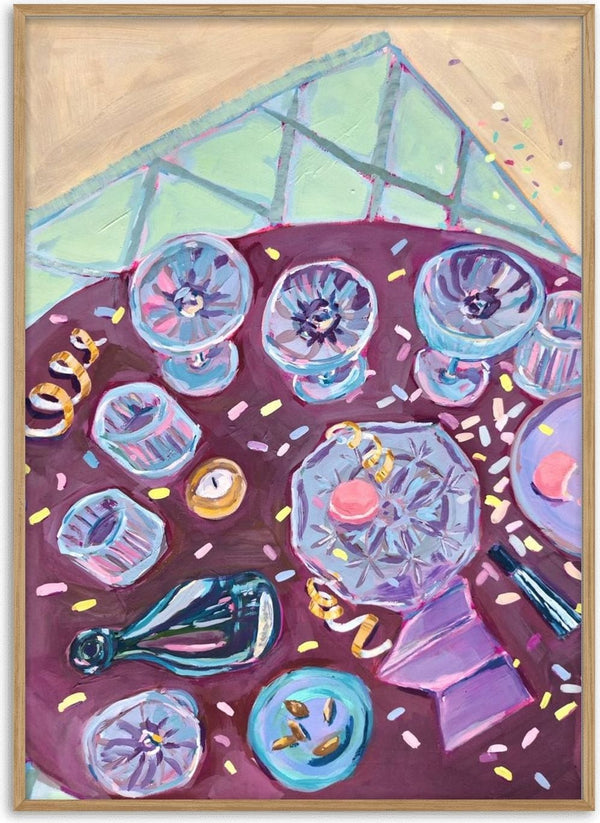 Dagen der på by DNF - empty glasses, confetti and macarons on a plum purple table