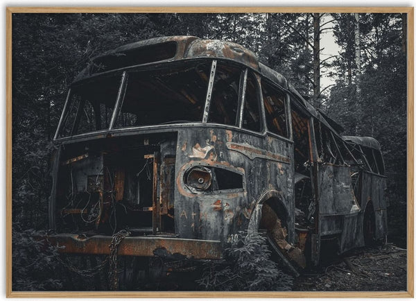 Decay (5) by Lone Gjessing - a burnt-out bus standing among tall pines in a dark forest