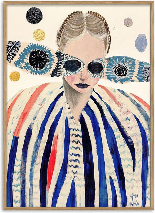 Abstract portrait of a woman in bold striped clothing and patterned glasses, cover art for Deep Breath by Martin Zen.