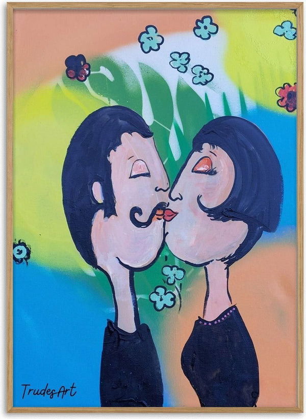 Der Kuss im Glücksregen by Trude - two dark-haired figures kissing against an orange, blue and green wall