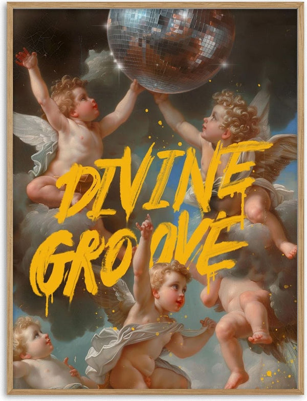 Four cherubs with wings reach toward a disco ball, overlaid with bold yellow text: "Divine Groove Dikhotomy."