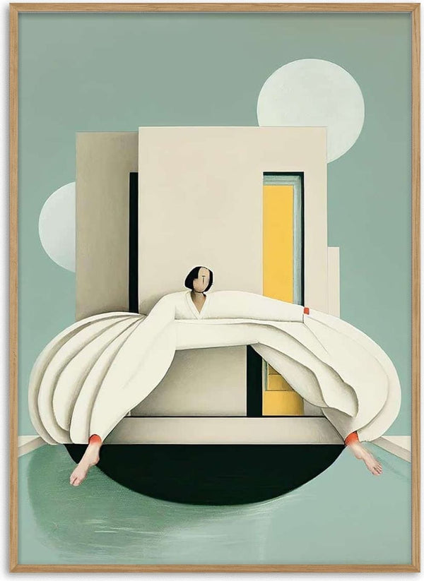 Abstract art of a woman in white dress stretching before modern geometric building, cover of Don't Need Her World.