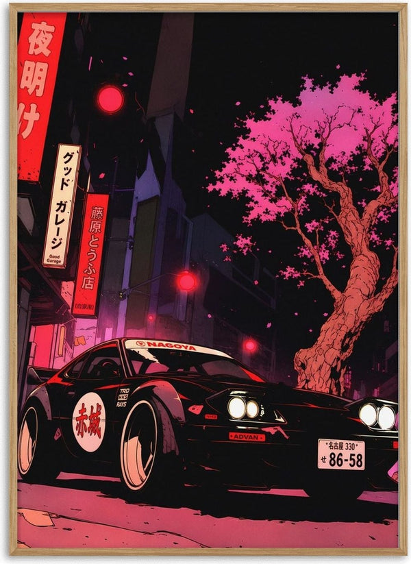 Drift Division 02 by Melancholy Machinations - a black sports car on a neon-lit Japanese street under a pink cherry tree
