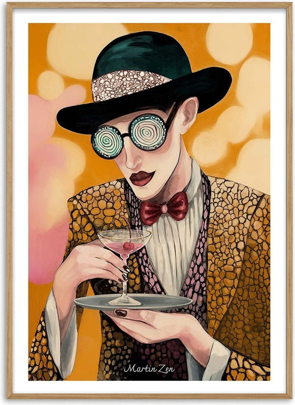 Stylish person in patterned suit and spiral glasses holding a cocktail, whimsical art for Drinking Game - Martin Zen.