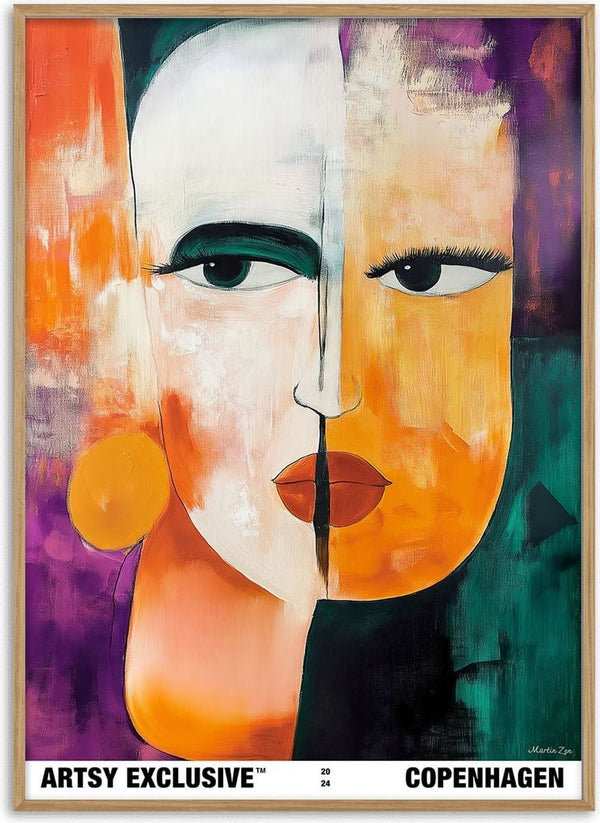 Abstract portrait with split face in orange and purple hues; Duality by Martin Zen, Copenhagen collection.