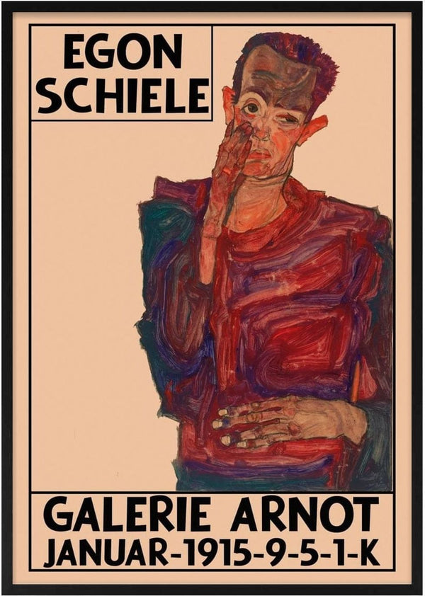 Poster of Egon Schiele’s artwork for Galerie Arnot, featuring a stylized portrait and exhibition details.