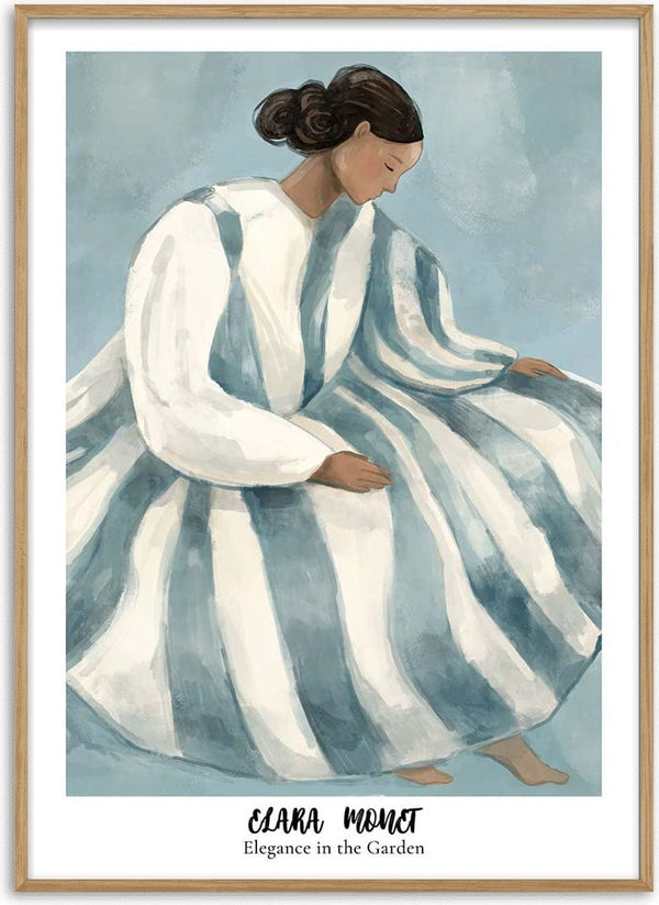 Painting of a woman in a flowing striped dress, "Elegance in the Garden" by Elara Monet.