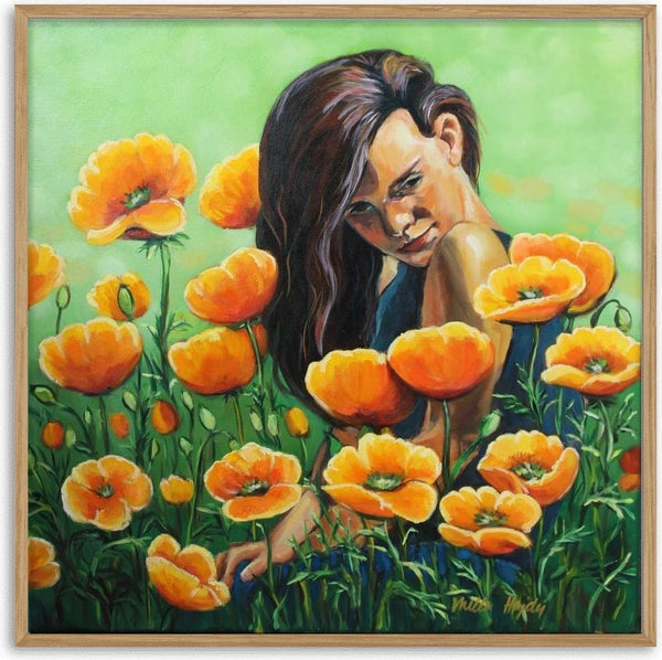 Embraced by Summer by Nella Hajdu - girl resting among orange poppies