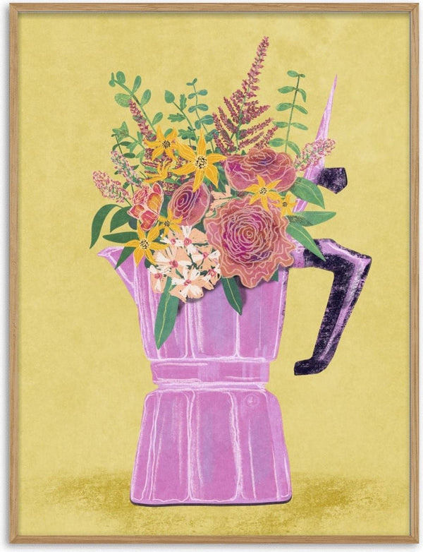 Illustration of a lilac espresso maker filled with colorful flowers, on a light yellow background.