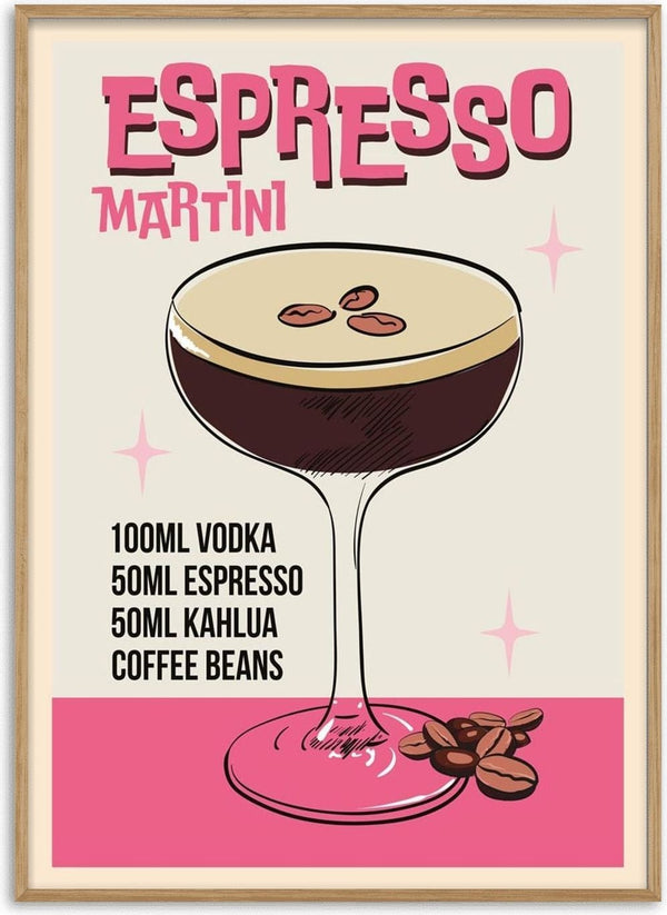 Illustrated Espresso Martini wallchart showing the cocktail, ingredients list, and coffee beans on a pink background.