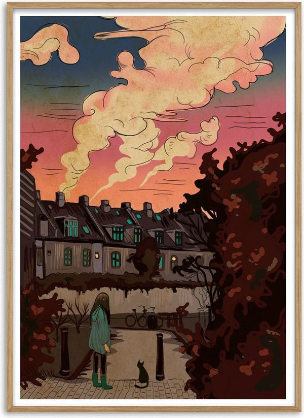 Evening walk by Nina Broen - a girl and a black cat on a cobbled path under a pink and orange sunset