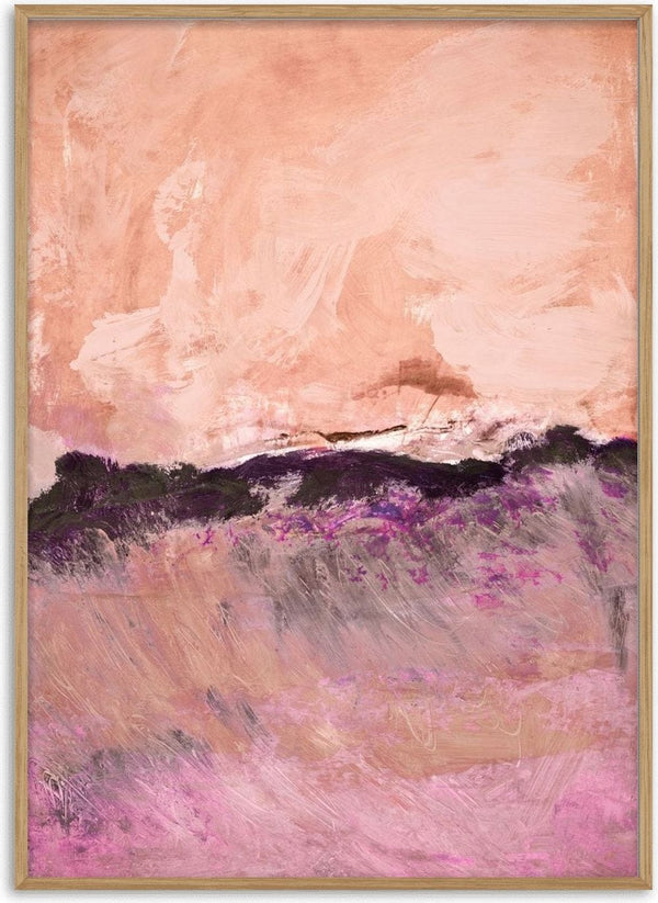 expressive landscape by Iris Lehnhardt - a magenta field under an apricot sky and dark treeline