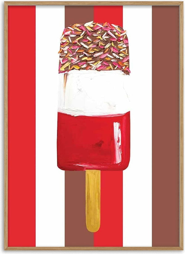 Colorful ice cream popsicle with sprinkles on a red, white, and brown striped Fab Stripes product background.