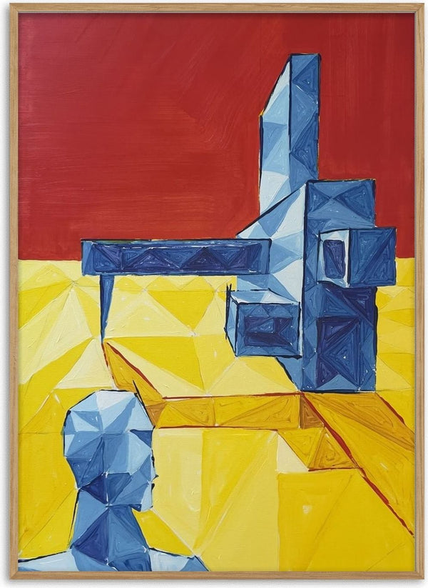 Facing the Monument by Linor Citaku - a faceted blue structure on a yellow plain under a flat red sky