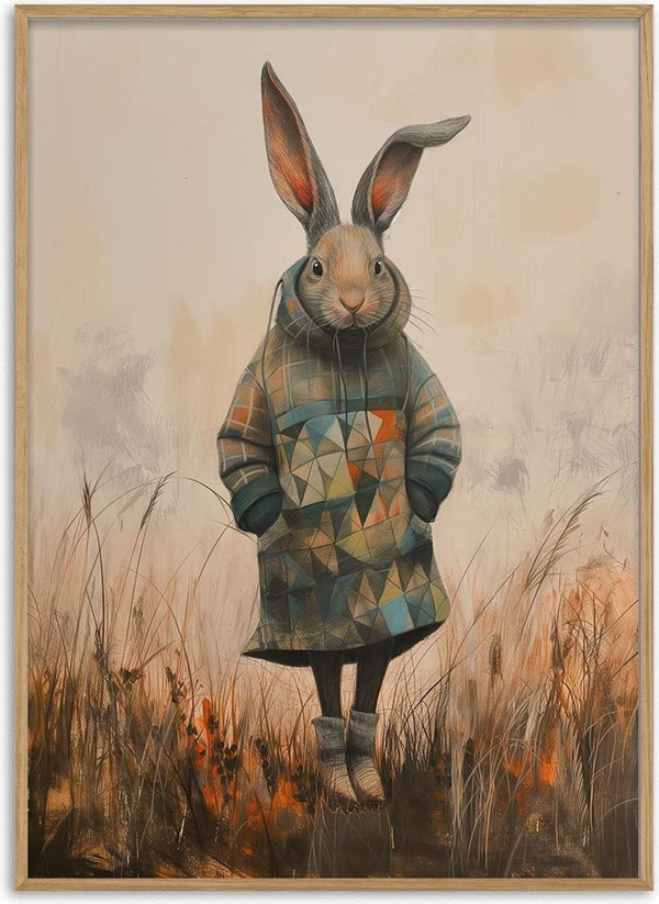 A stylish rabbit in a patterned coat and boots stands in a grassy field, modeling for Fashion Show Rabbit.