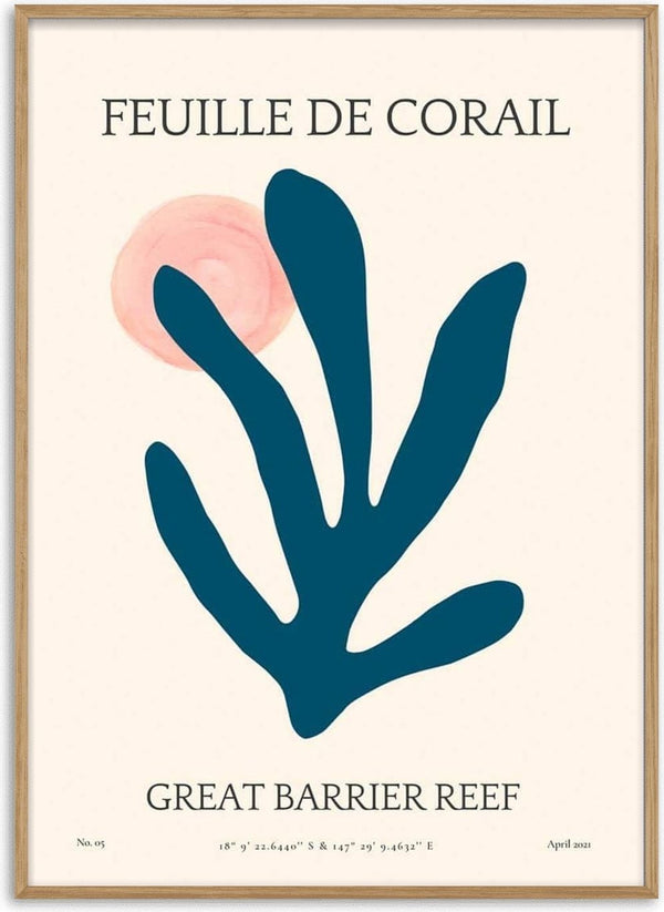 Minimalist coral leaf design with a pink sun, labeled "Feuille De Corail" for living room wall decor.