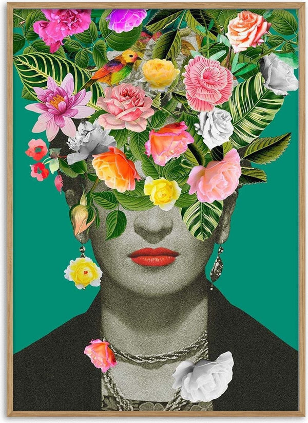 Portrait of a woman with bright flowers and green leaves covering her head, vibrant floral Mexican artist style.