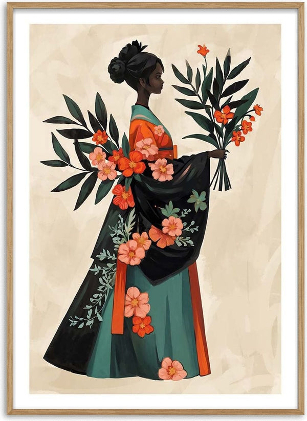 Elegant woman in a floral kimono holding bouquets, inspired by Elara Monet's Floral Serenity collection.