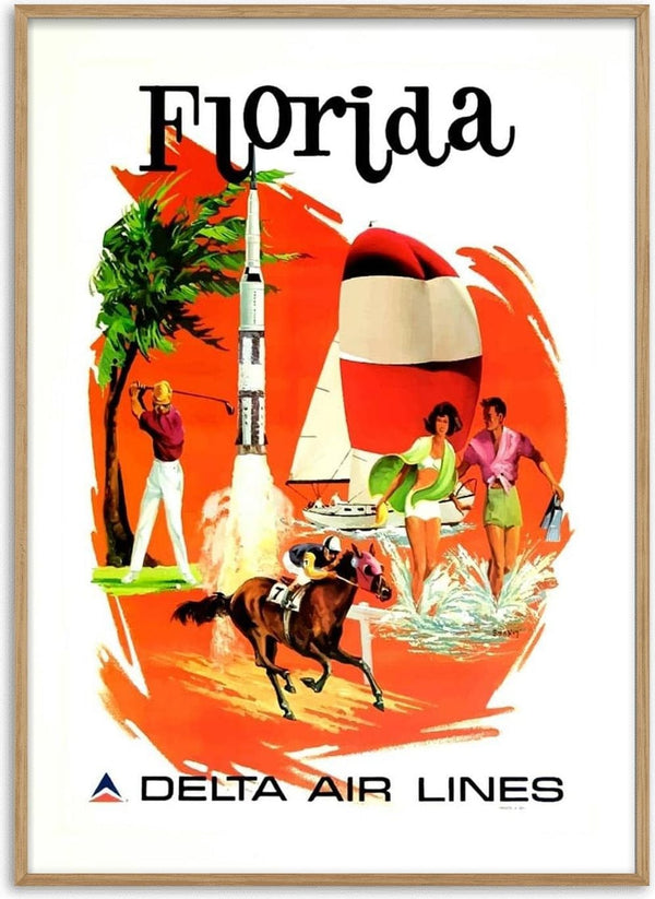 Vintage Florida poster with golf, rocket launch, beach scene, horse racing; Delta Air Lines logo at bottom.