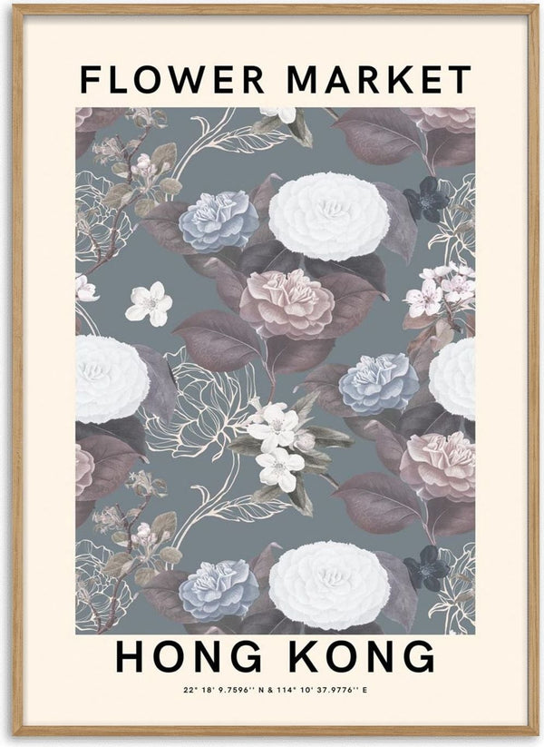 Poster with illustrated white and pink flowers, labeled "Flower Market Hong Kong" on a beige background.