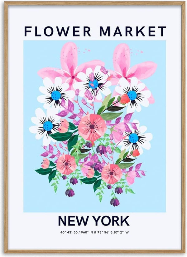 Colorful bouquet of pink, white, and purple flowers on a blue background with "Flower Market New York" text.