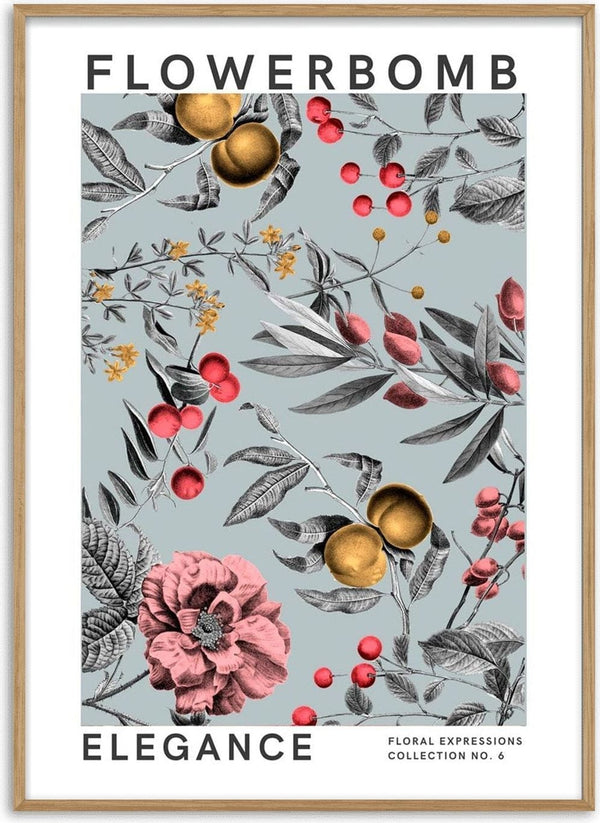 A stylish poster featuring pink flowers, gold accents, and leafy branches with the text "Flowerbomb Elegance."