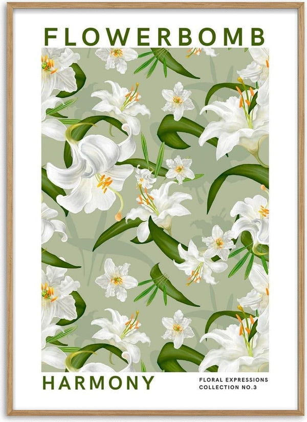 Poster design for Flowerbomb - Harmony featuring white lilies and green leaves on a soft green background.