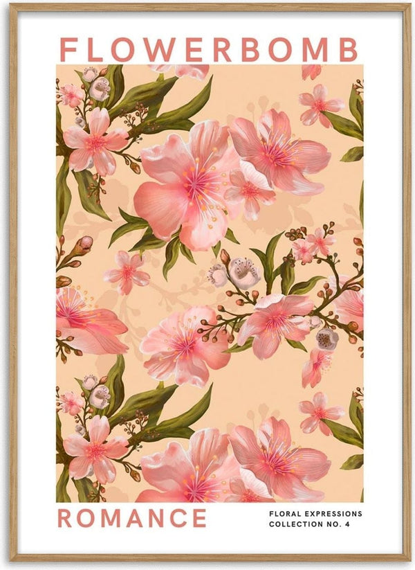 Poster with pink flowers and green leaves on a beige background, labeled "Flowerbomb Romance."