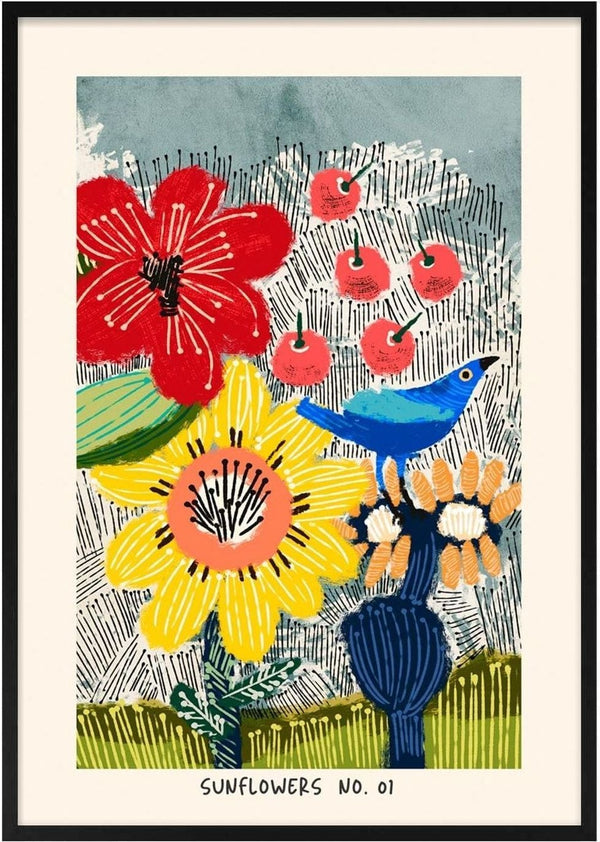 Colorful illustration of sunflowers, a blue bird, red flowers, and fruit with "Sunflowers No. 01" text below.