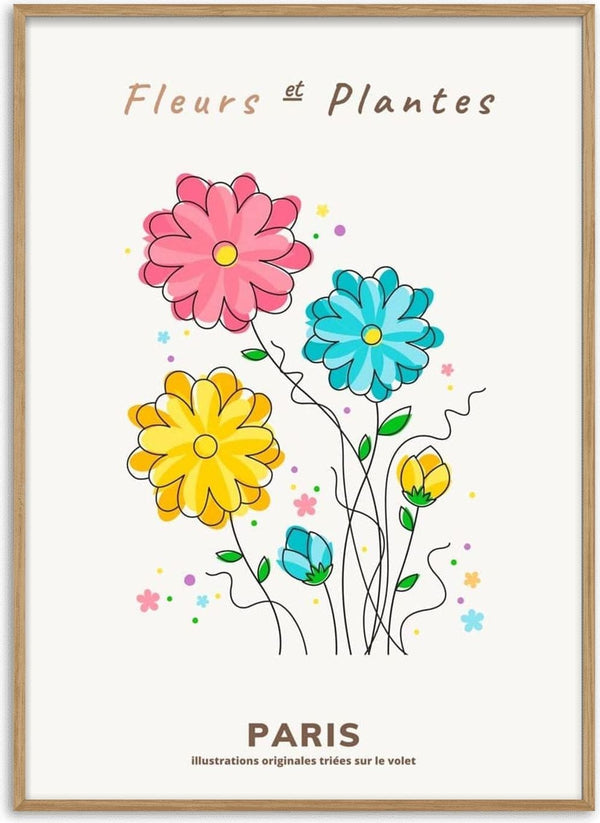 Colorful floral illustration with pink, blue, and yellow flowers; "Fleurs et Plantes" art poster for home decor.