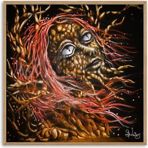 forest witch by Sofia de Lemos - a bark-skinned face with red roots streaming through the dark