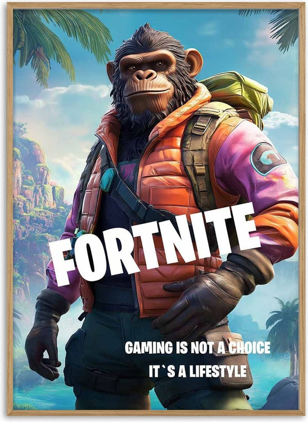 Fortnite Monkey Gamer Plakat featuring a cool monkey in gamer attire with the text "Gaming is not a choice, it's a lifestyle."