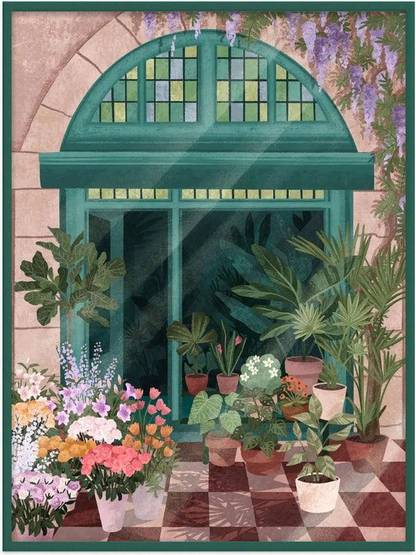 Sunlit shop entrance with stained glass window, lush green plants, and colorful potted flowers on tiled floor.