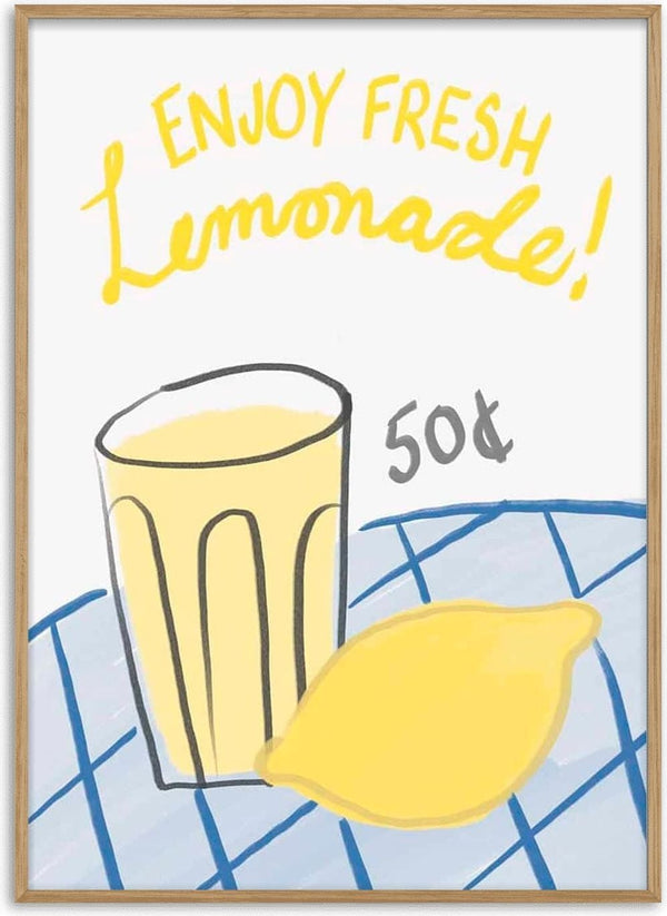 A glass of fresh lemonade and a lemon on a table with "Enjoy Fresh Lemonade! 50¢" written above.