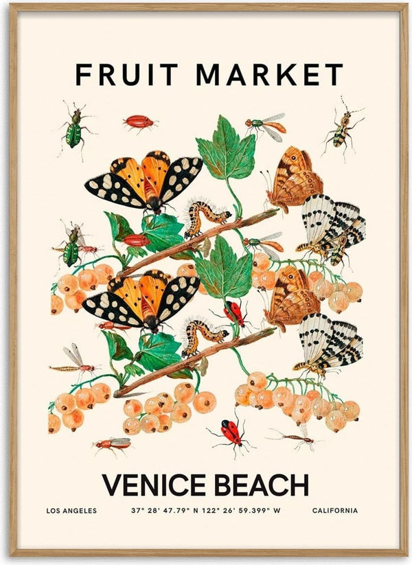 Colorful butterflies and insects on branches with berries, "Fruit Market Venice Beach" text above and below.