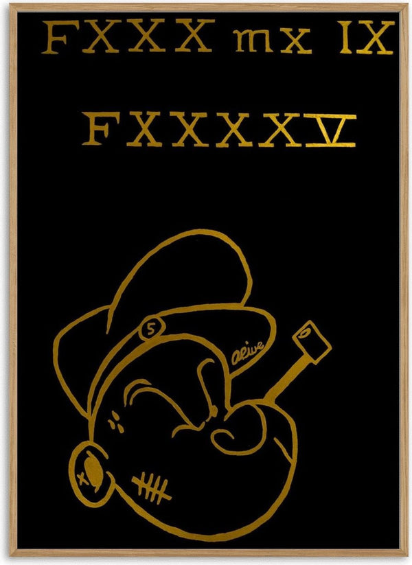 FXXX MX IX FXXXXV by Ali Kasap - gold line drawing of a sailor's head with gold lettering on black
